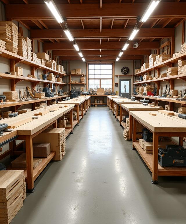 整理整頓された工業木工の工房の全景