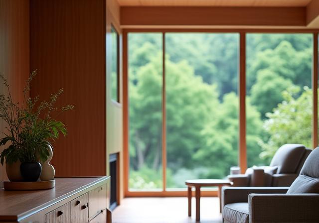 軽井沢の別荘の窓から見える緑と調和する木製家具